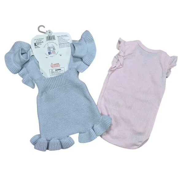 Baby Girls Outfit Set 3M Pink Bunny Romper Blue Knit Ruffle Dres Fits Up To 12M - Picture 2 of 8